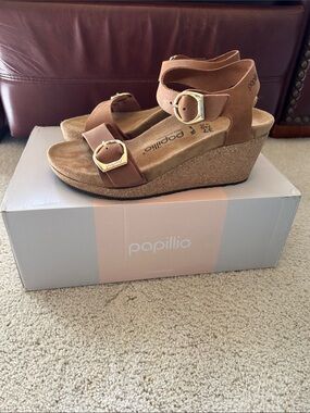 Papillio by Birkenstock Cognac Suede Cork Wedge Sandals with Gold Buckles